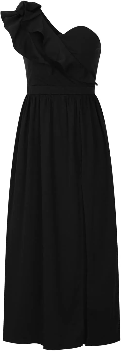 NaRHbrg Women One Shoulder Maxi Dress Elegant Ruffle Formal Evening Dress High Slit Long Party Gown Sleeveless Summer Dresses