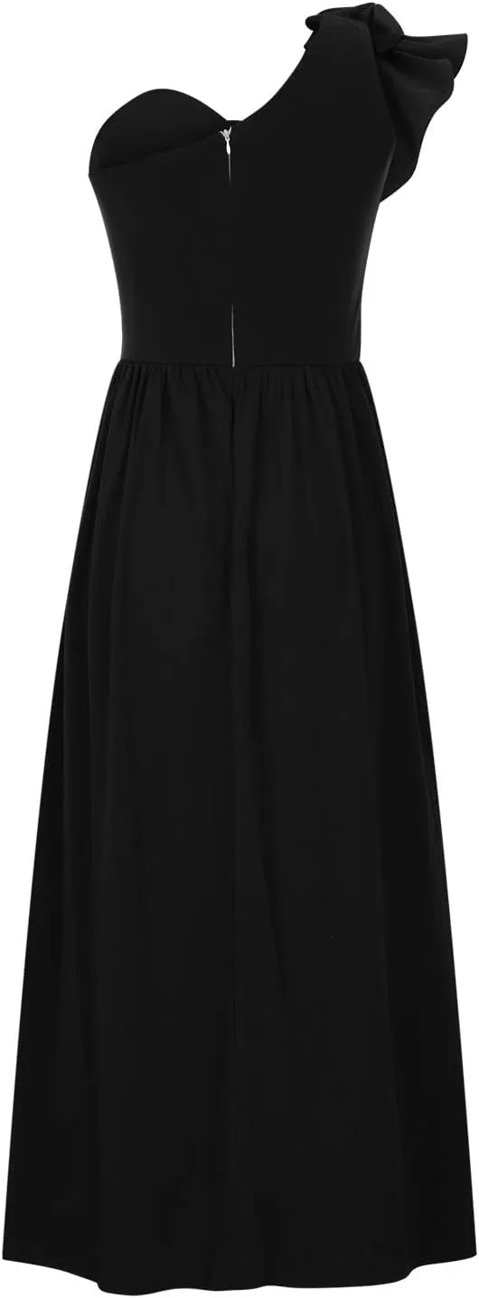 NaRHbrg Women One Shoulder Maxi Dress Elegant Ruffle Formal Evening Dress High Slit Long Party Gown Sleeveless Summer Dresses