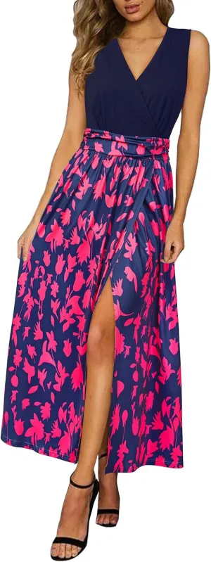 Newshows Women 2025 Summer Vacation Maxi Dress Sleeveless V Neck Casual Floral Boho Split Beach Long Flowy Sundress
