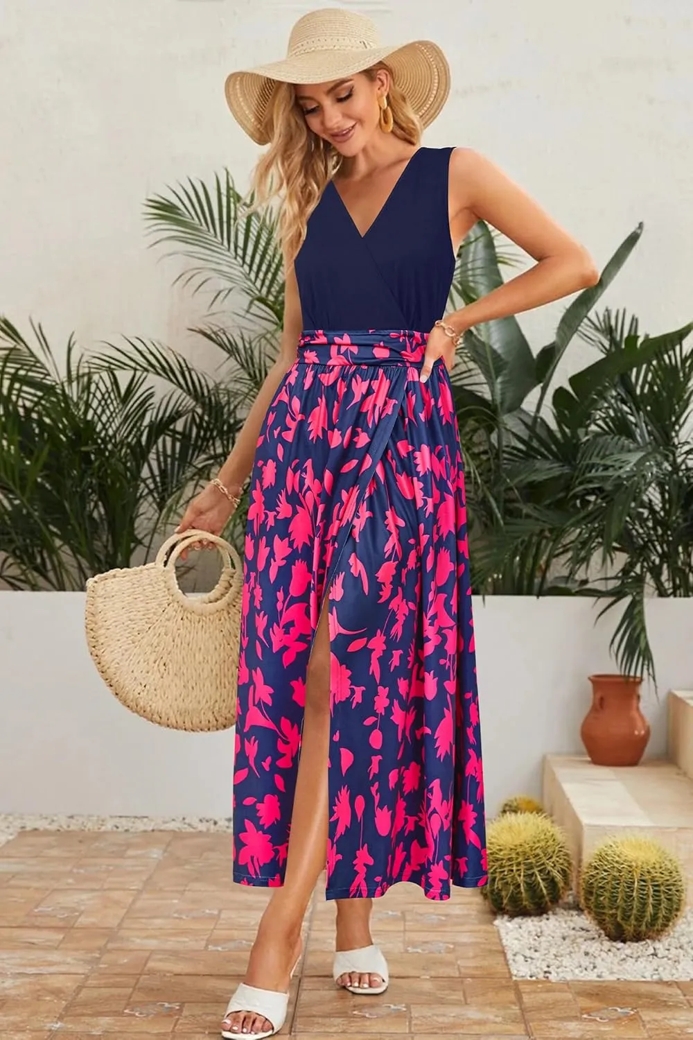 Newshows Women 2025 Summer Vacation Maxi Dress Sleeveless V Neck Casual Floral Boho Split Beach Long Flowy Sundress