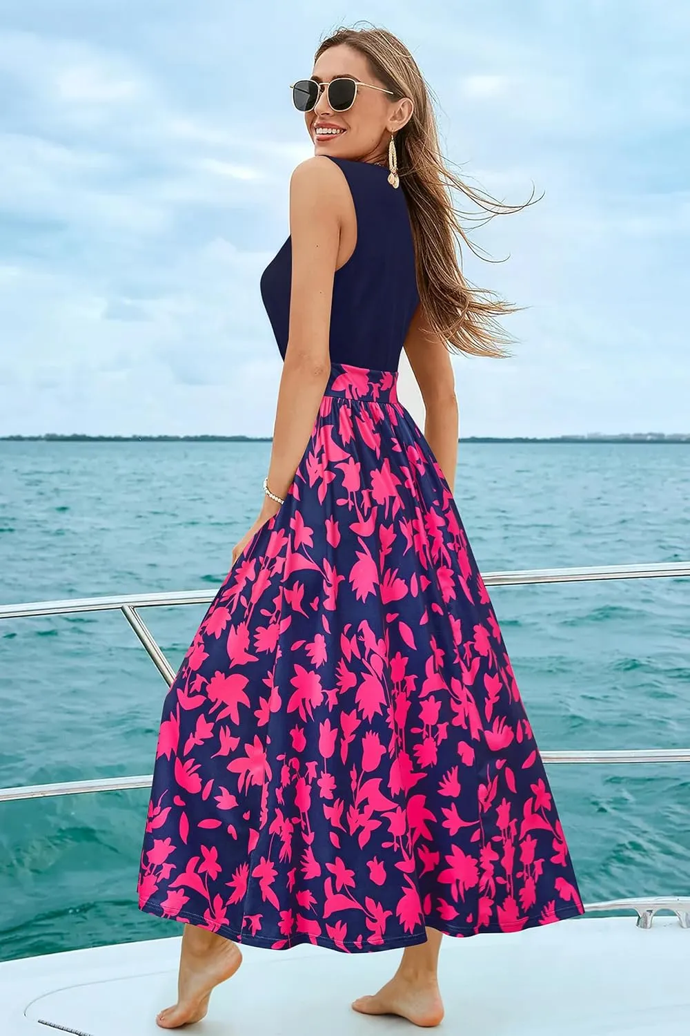 Newshows Women 2025 Summer Vacation Maxi Dress Sleeveless V Neck Casual Floral Boho Split Beach Long Flowy Sundress