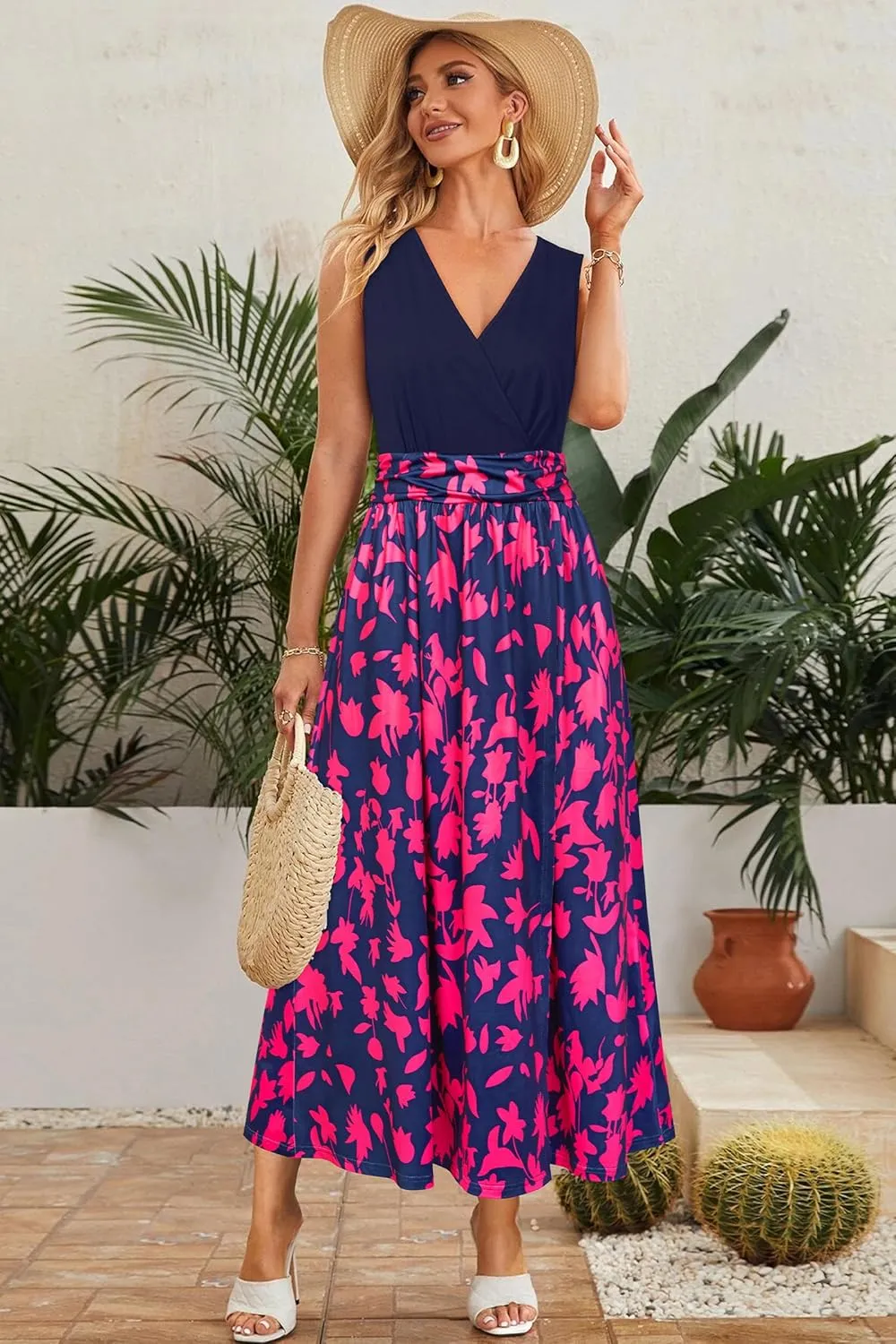 Newshows Women 2025 Summer Vacation Maxi Dress Sleeveless V Neck Casual Floral Boho Split Beach Long Flowy Sundress