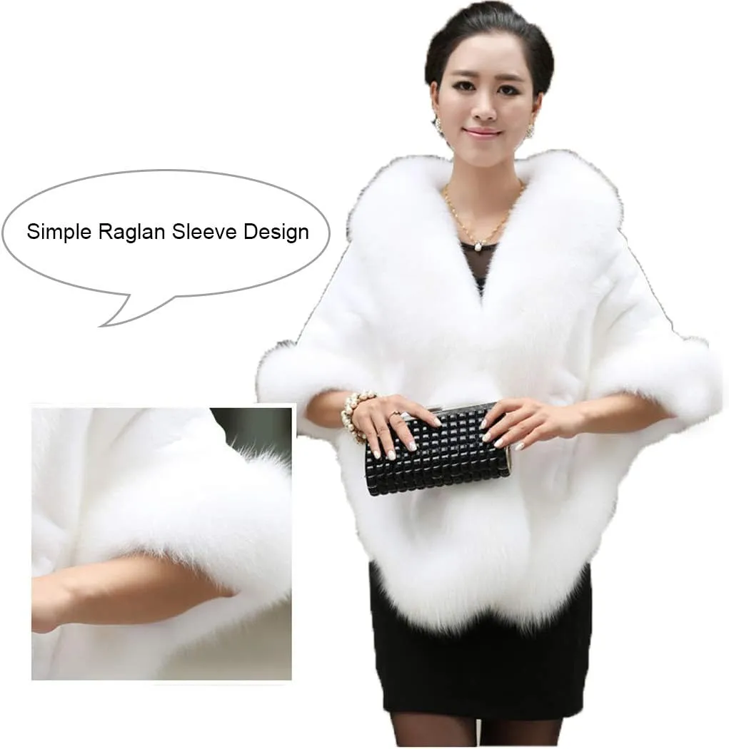 Old Dlrd Women's Winter Faux Fur Coat Wedding Bride Cloak Cape Shawl for Evening Party