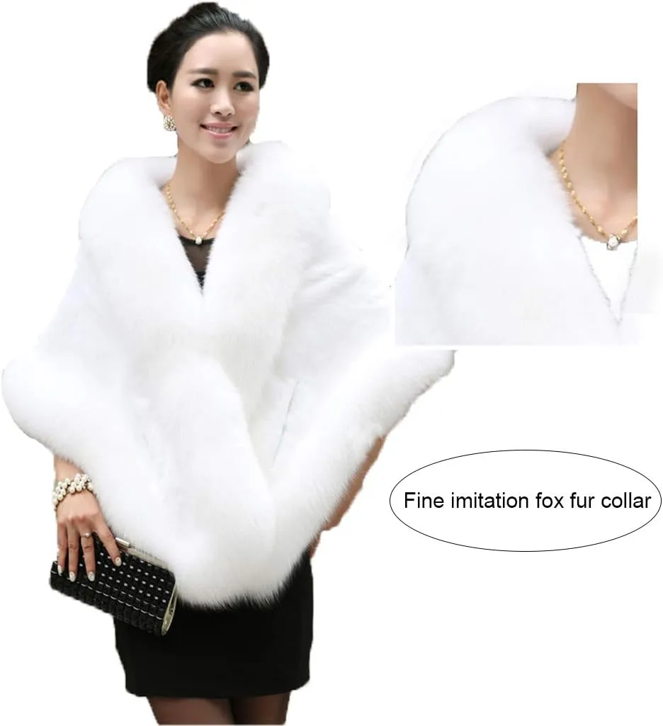 Old Dlrd Women's Winter Faux Fur Coat Wedding Bride Cloak Cape Shawl for Evening Party