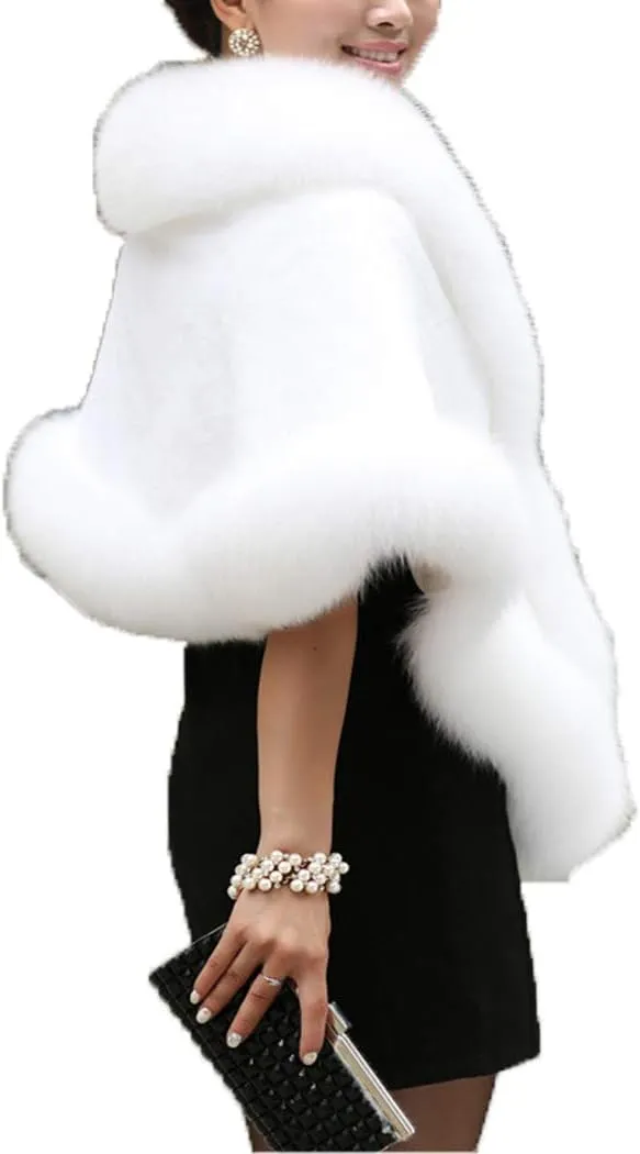 Old Dlrd Women's Winter Faux Fur Coat Wedding Bride Cloak Cape Shawl for Evening Party
