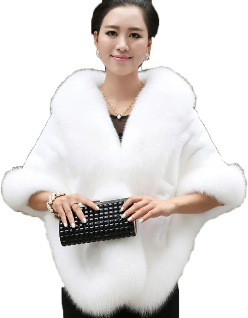 Old Dlrd Women's Winter Faux Fur Coat Wedding Bride Cloak Cape Shawl for Evening Party