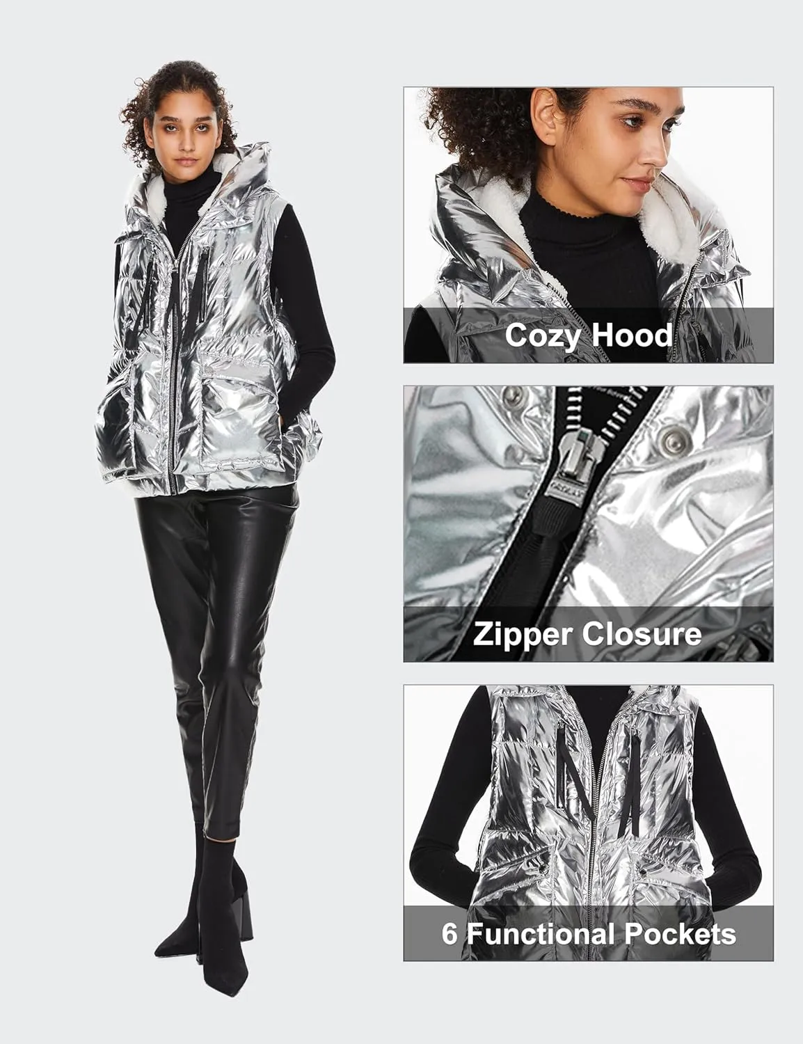 Orolay Women's Metallic Down Vest - Fashion Cropped Sleeveless Puffer Jacket Lightweight Shiny Hooded Gilet with Pockets