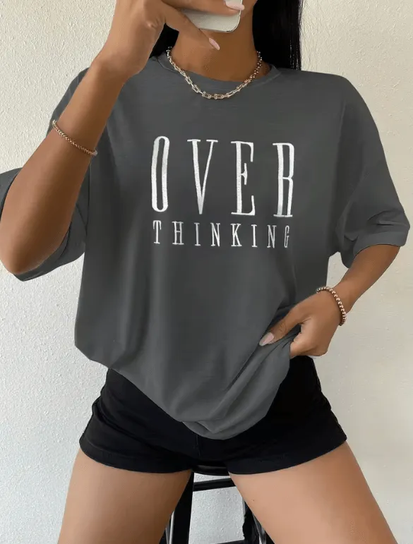 Overthinking Letter Print Cotton T-Shirt for Women – Vintage O-Neck Short Sleeve Top