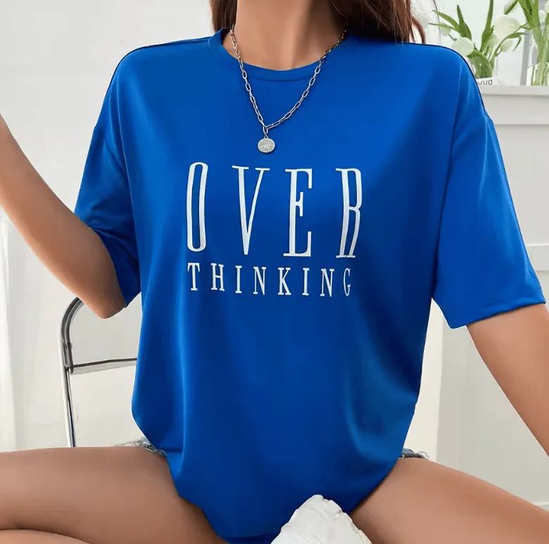 Overthinking Letter Print Cotton T-Shirt for Women – Vintage O-Neck Short Sleeve Top