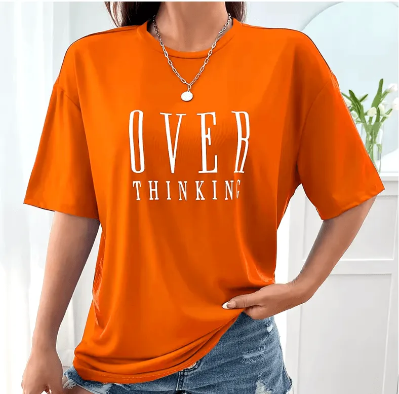 Overthinking Letter Print Cotton T-Shirt for Women – Vintage O-Neck Short Sleeve Top