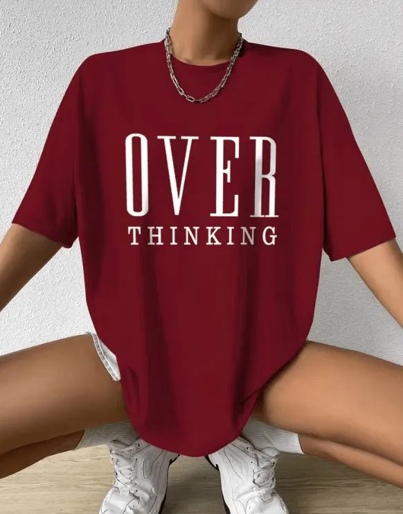 Overthinking Letter Print Cotton T-Shirt for Women – Vintage O-Neck Short Sleeve Top