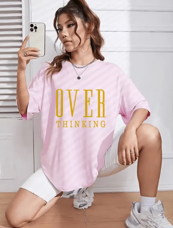 Overthinking Letter Print Cotton T-Shirt for Women – Vintage O-Neck Short Sleeve Top