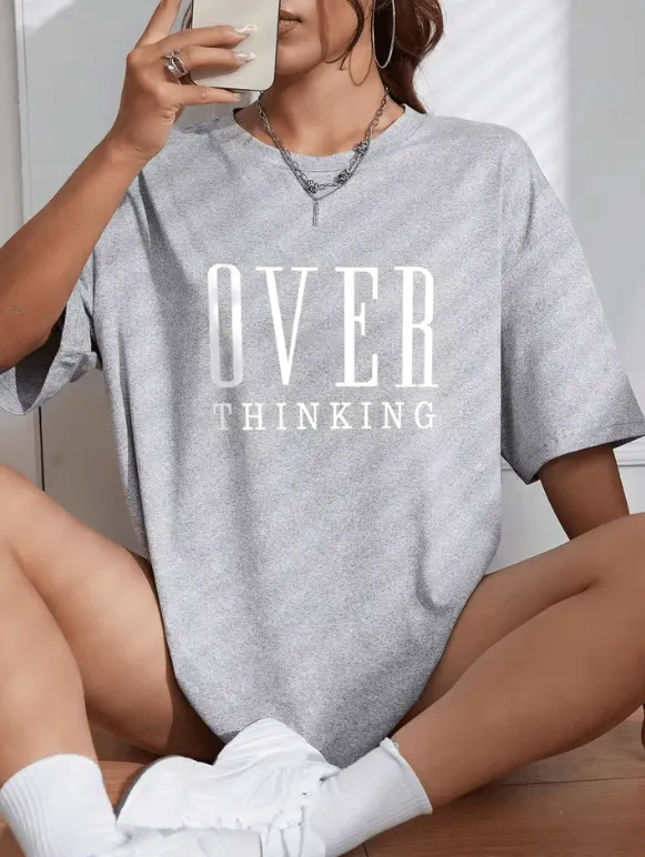 Overthinking Letter Print Cotton T-Shirt for Women – Vintage O-Neck Short Sleeve Top