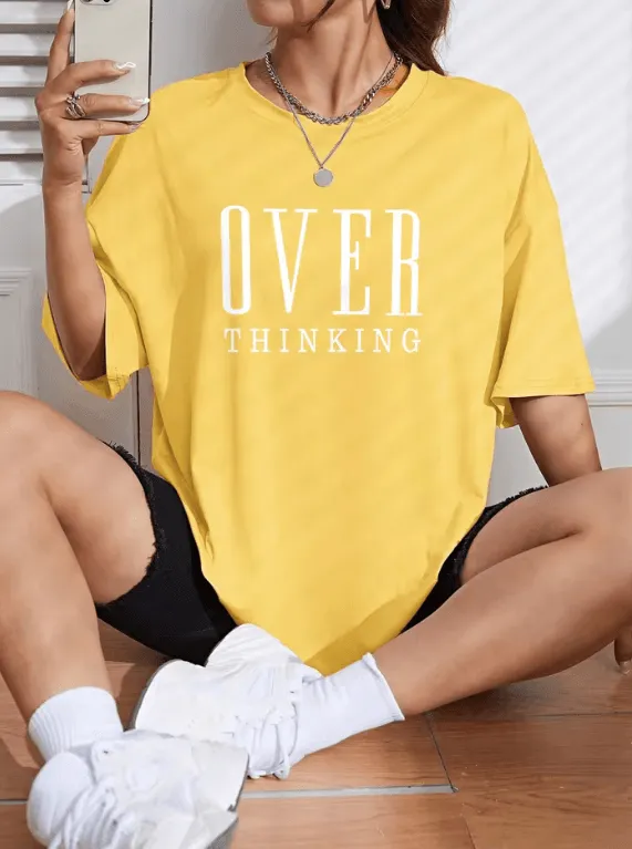 Overthinking Letter Print Cotton T-Shirt for Women – Vintage O-Neck Short Sleeve Top