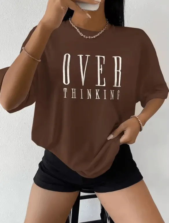 Overthinking Letter Print Cotton T-Shirt for Women – Vintage O-Neck Short Sleeve Top