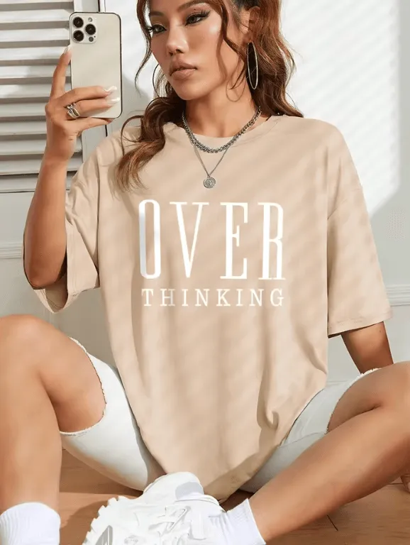 Overthinking Letter Print Cotton T-Shirt for Women – Vintage O-Neck Short Sleeve Top