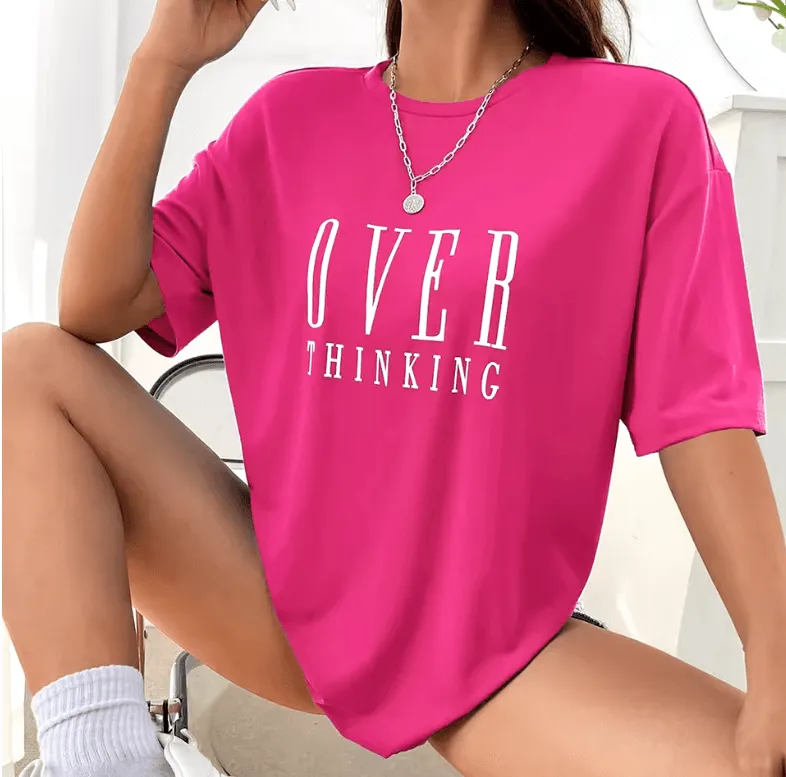 Overthinking Letter Print Cotton T-Shirt for Women – Vintage O-Neck Short Sleeve Top