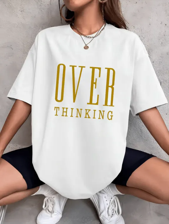 Overthinking Letter Print Cotton T-Shirt for Women – Vintage O-Neck Short Sleeve Top