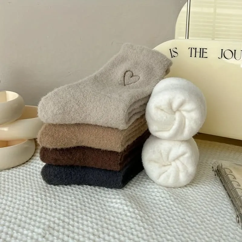 Pack of 6 Pairs Heart Embroidery Fuzzy Warm Socks