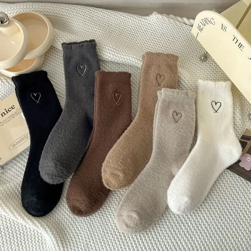 Pack of 6 Pairs Heart Embroidery Fuzzy Warm Socks