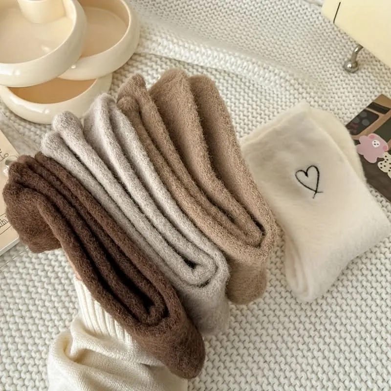 Pack of 6 Pairs Heart Embroidery Fuzzy Warm Socks