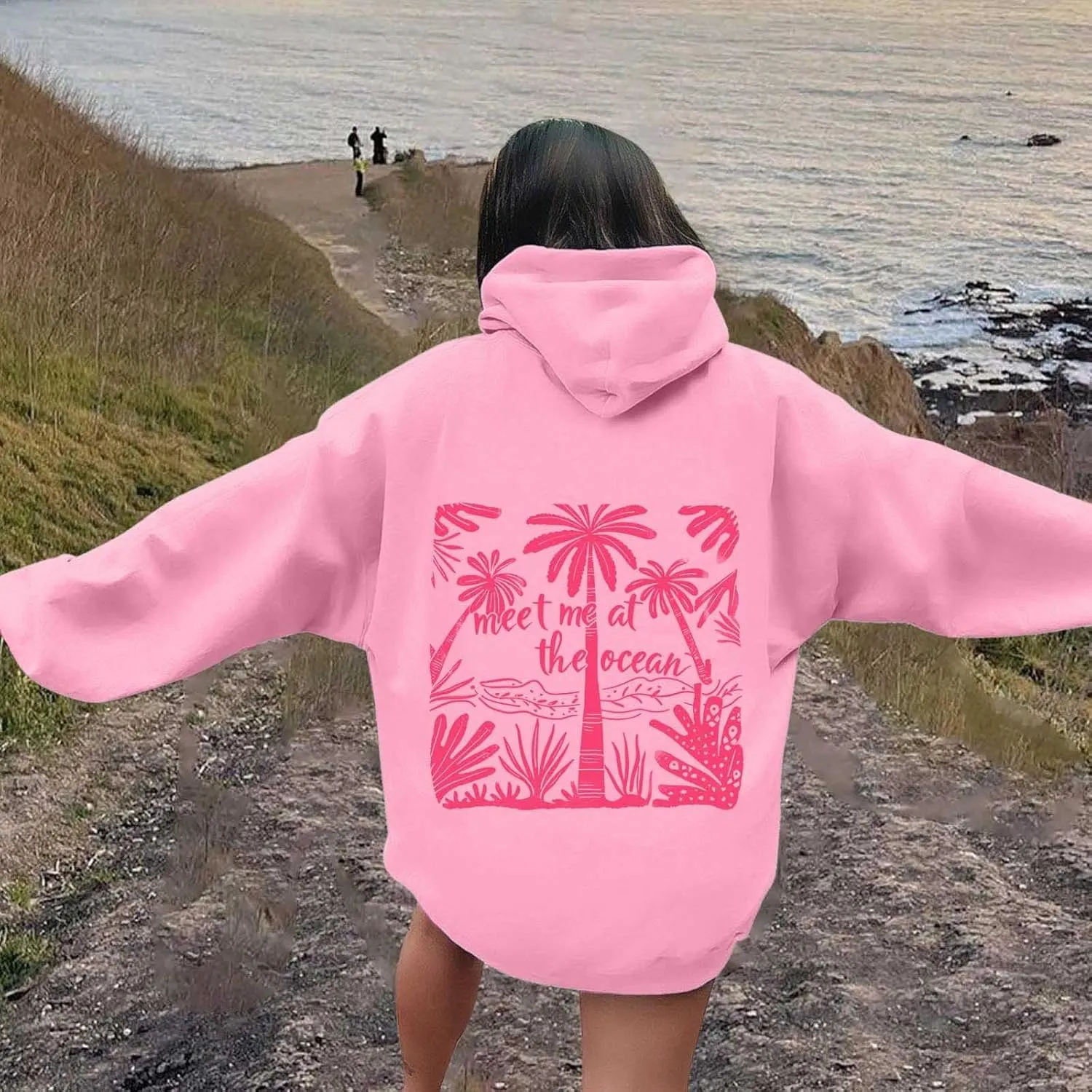 Pink Puff Hoodies Sweatshirt For Women Oversized Fall Graphic Long Sleeve Hoodies Casual Y2K Pullover With Pockets