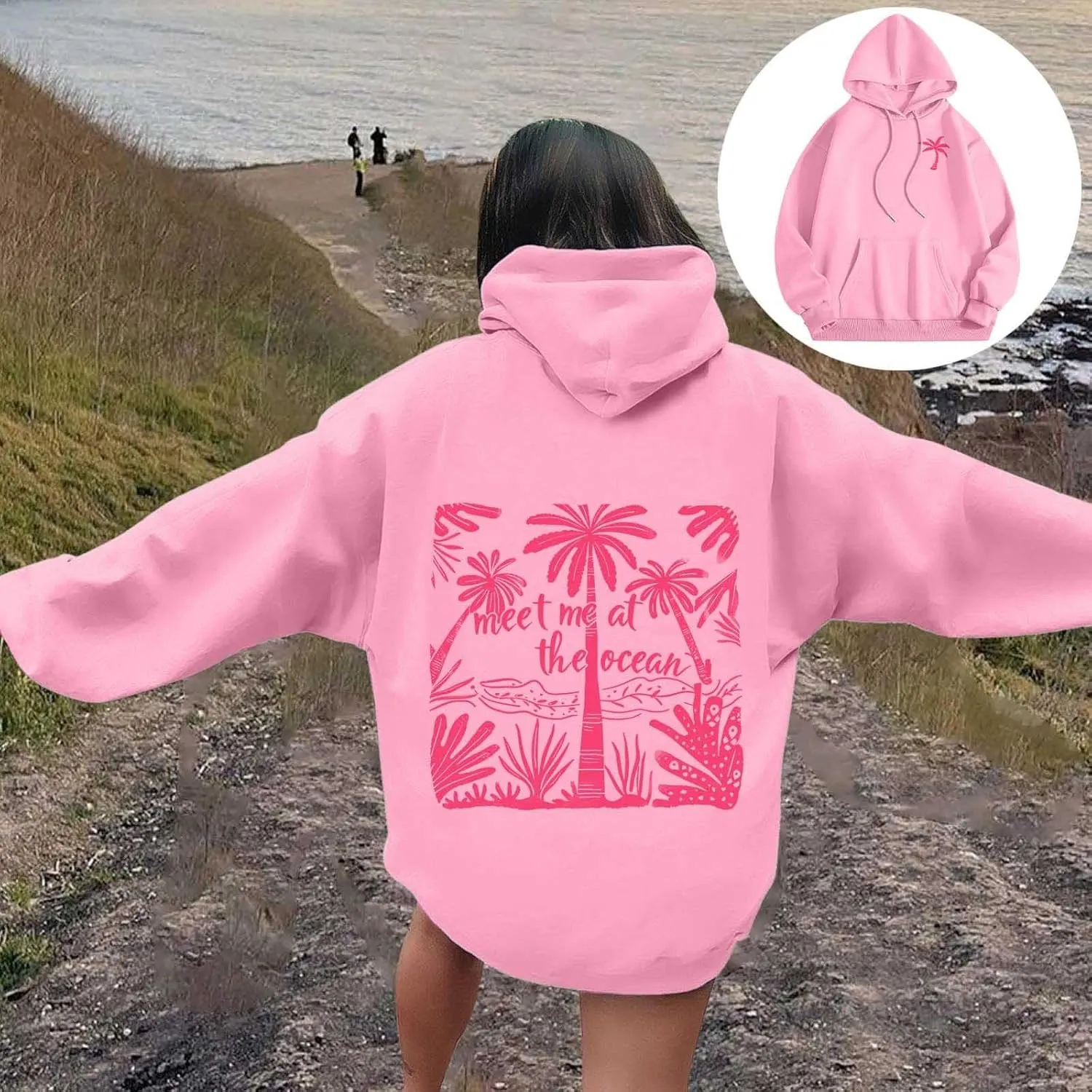 Pink Puff Hoodies Sweatshirt For Women Oversized Fall Graphic Long Sleeve Hoodies Casual Y2K Pullover With Pockets