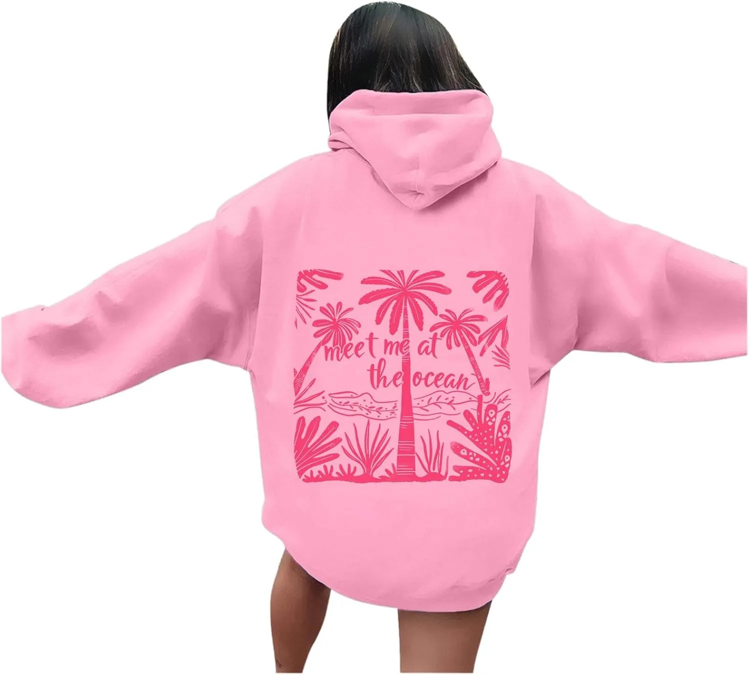 Pink Puff Hoodies Sweatshirt For Women Oversized Fall Graphic Long Sleeve Hoodies Casual Y2K Pullover With Pockets