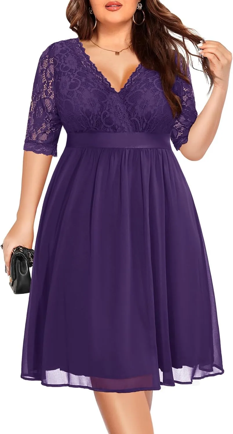 Pinup Fashion Plus Size Lace Chiffon Wrap V Neck Dresses Women Cocktail Wedding Guest Midi Dress