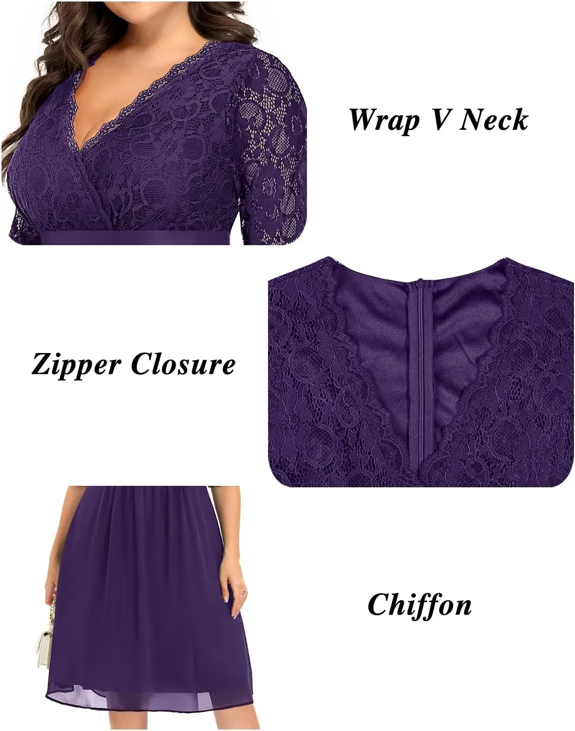Pinup Fashion Plus Size Lace Chiffon Wrap V Neck Dresses Women Cocktail Wedding Guest Midi Dress