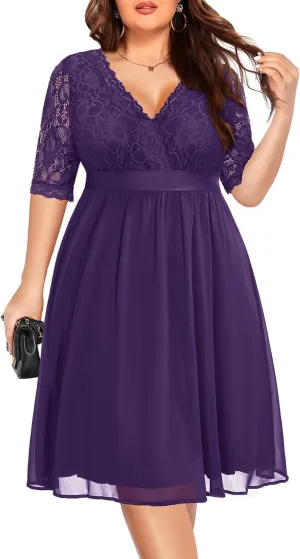 Pinup Fashion Plus Size Lace Chiffon Wrap V Neck Dresses Women Cocktail Wedding Guest Midi Dress