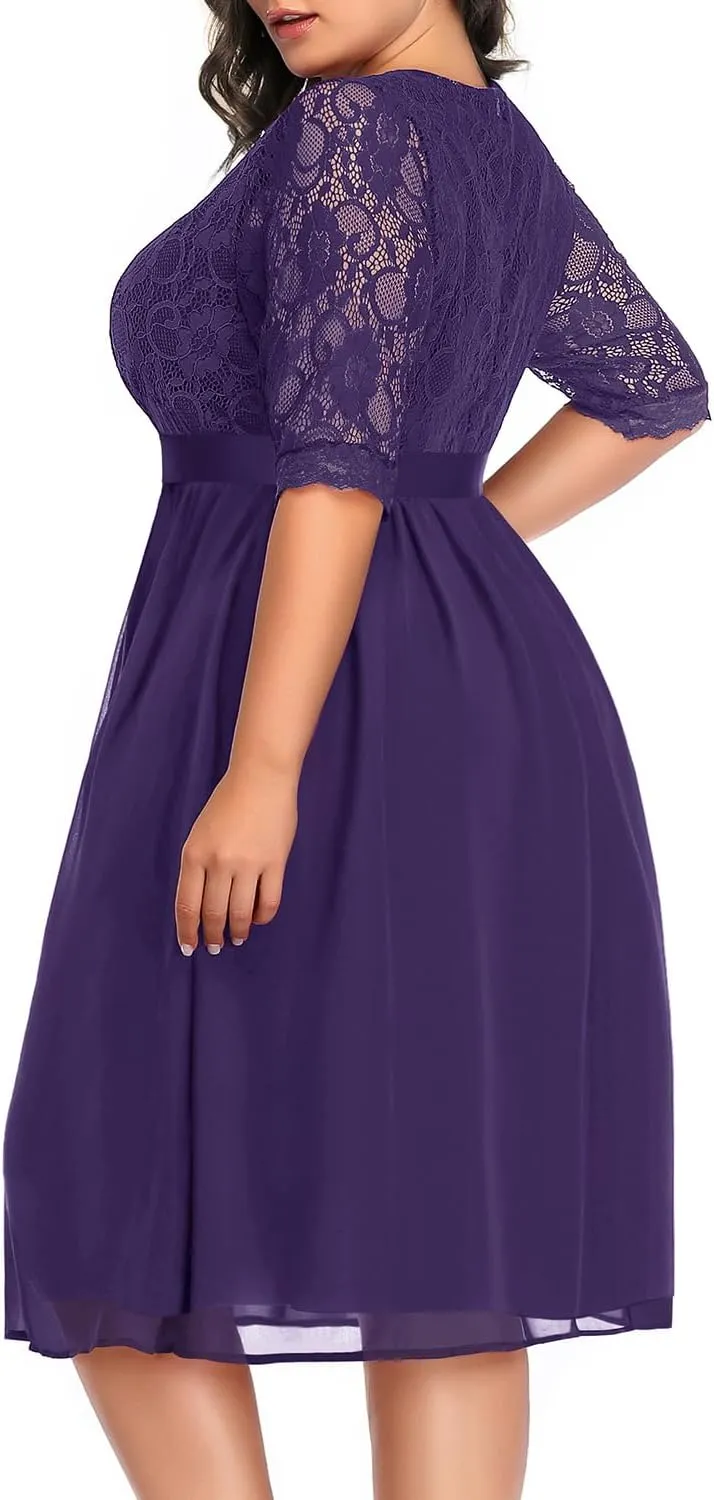 Pinup Fashion Plus Size Lace Chiffon Wrap V Neck Dresses Women Cocktail Wedding Guest Midi Dress