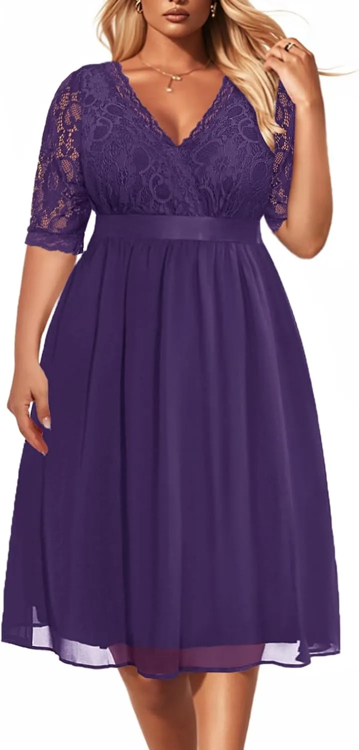 Pinup Fashion Plus Size Lace Chiffon Wrap V Neck Dresses Women Cocktail Wedding Guest Midi Dress