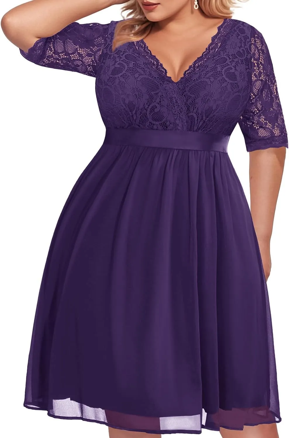 Pinup Fashion Plus Size Lace Chiffon Wrap V Neck Dresses Women Cocktail Wedding Guest Midi Dress