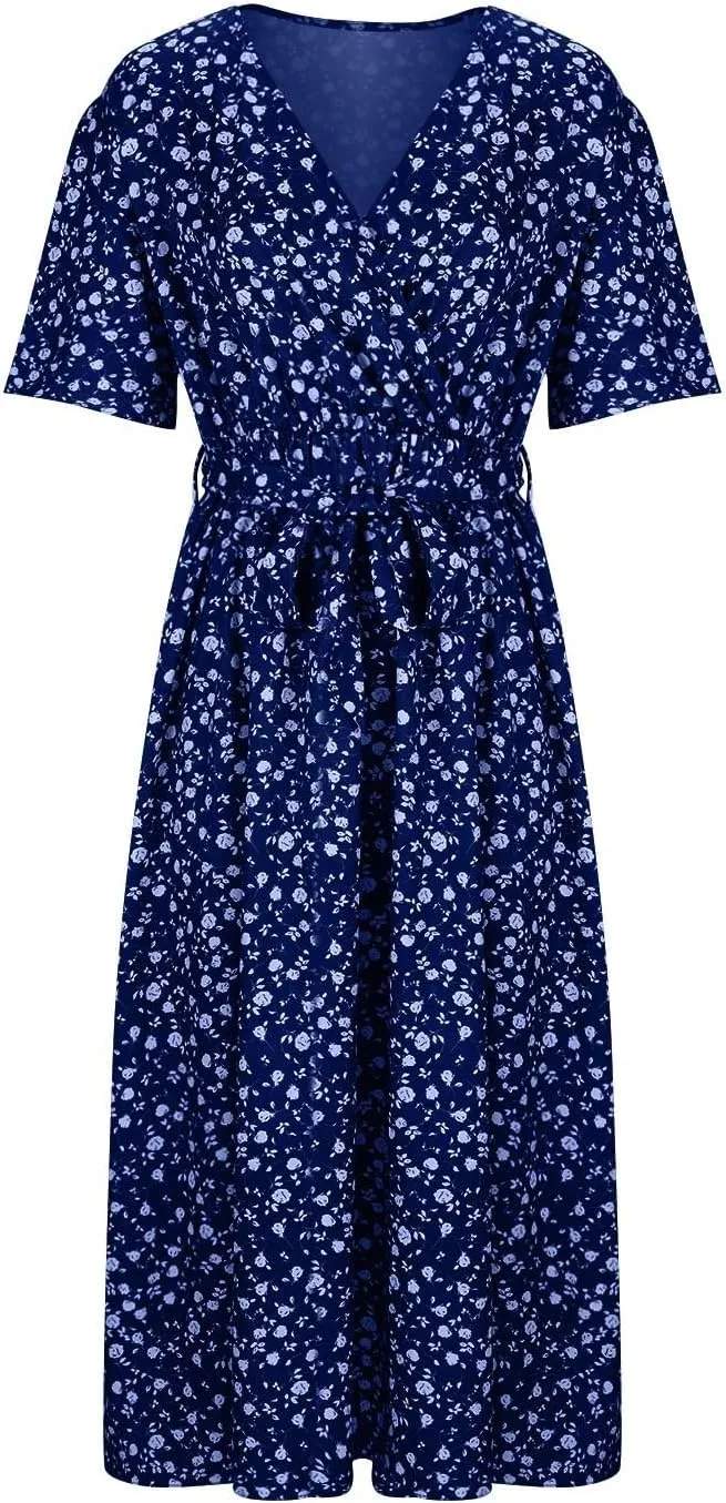 Plus Size Boho Floral A-Line Dress Women Summer Wrap V Neck Belted Midi Dress Casual Elegant Flowy Photograph Dress