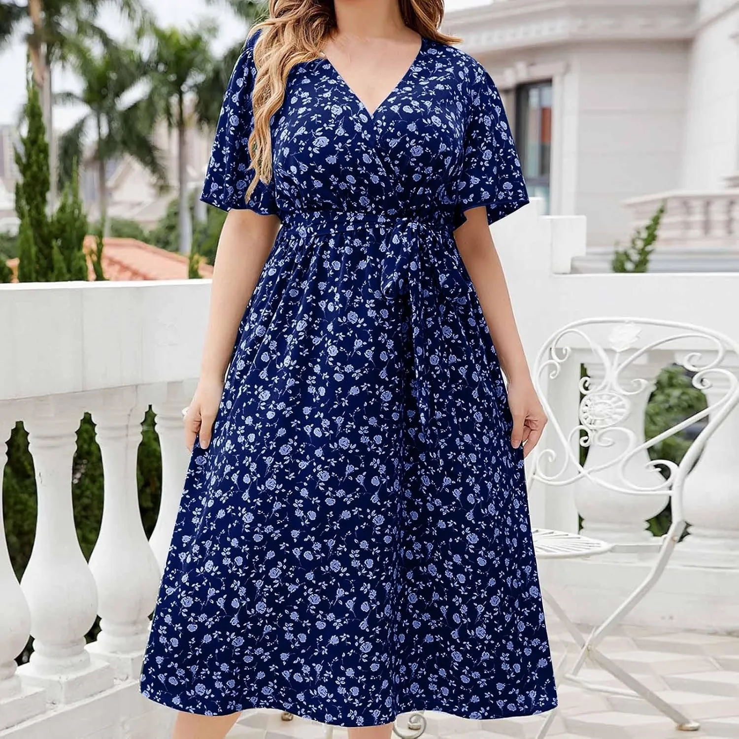 Plus Size Boho Floral A-Line Dress Women Summer Wrap V Neck Belted Midi Dress Casual Elegant Flowy Photograph Dress
