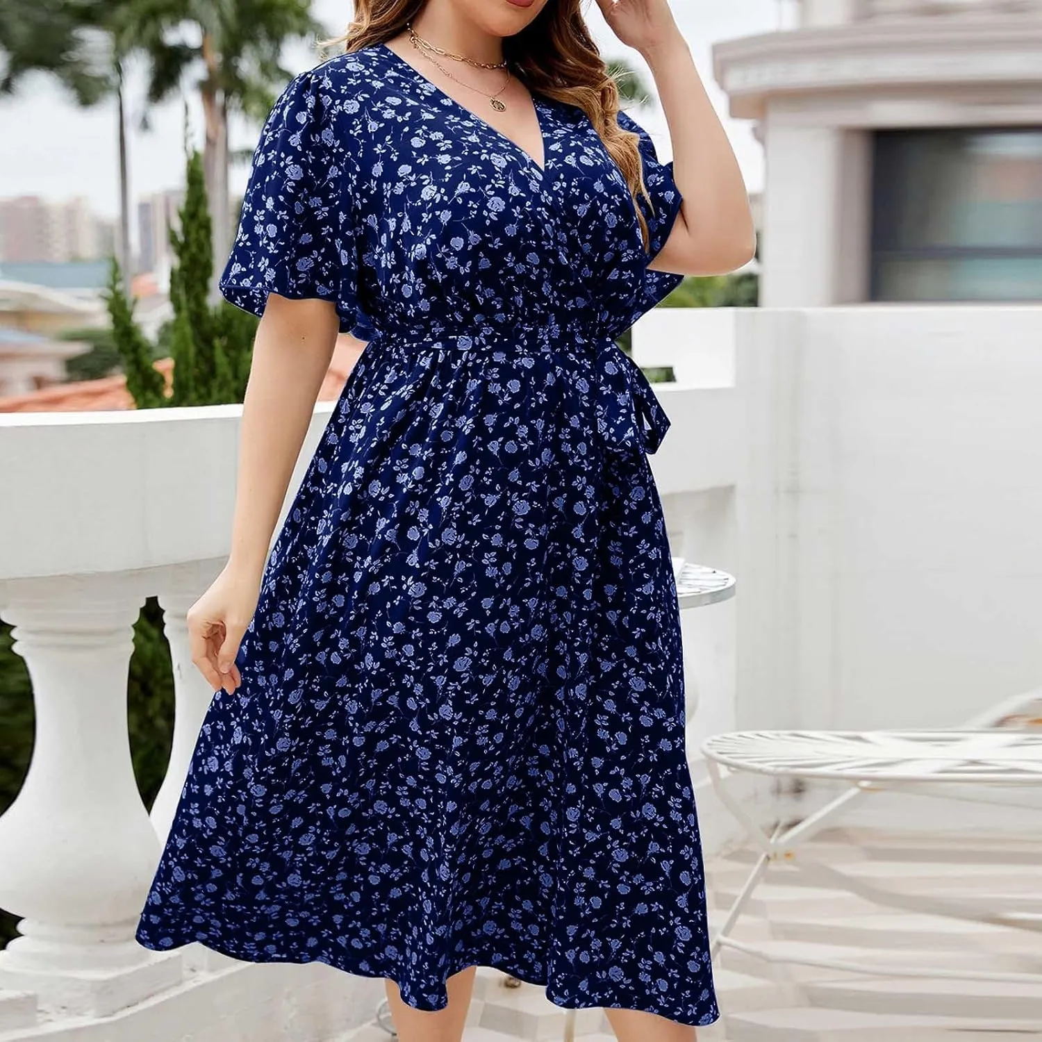 Plus Size Boho Floral A-Line Dress Women Summer Wrap V Neck Belted Midi Dress Casual Elegant Flowy Photograph Dress