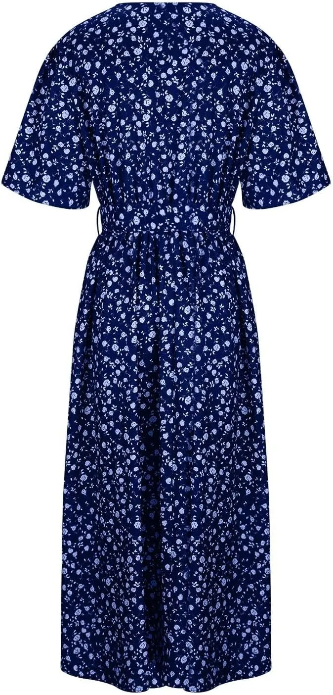 Plus Size Boho Floral A-Line Dress Women Summer Wrap V Neck Belted Midi Dress Casual Elegant Flowy Photograph Dress