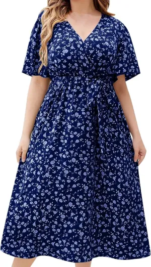 Plus Size Boho Floral A-Line Dress Women Summer Wrap V Neck Belted Midi Dress Casual Elegant Flowy Photograph Dress