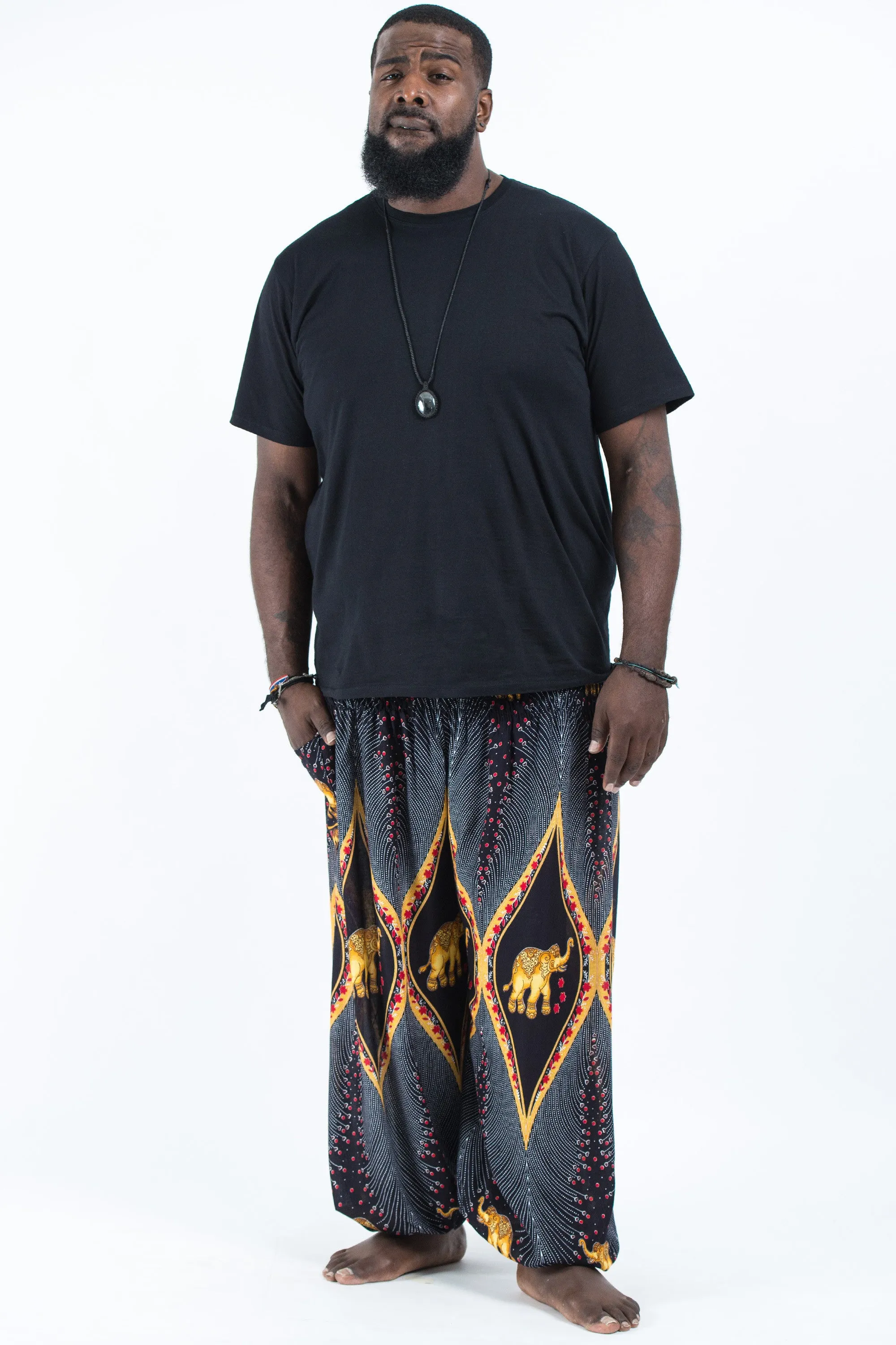 Plus Size Peacock Elephant Men's Elephant Pants in Black