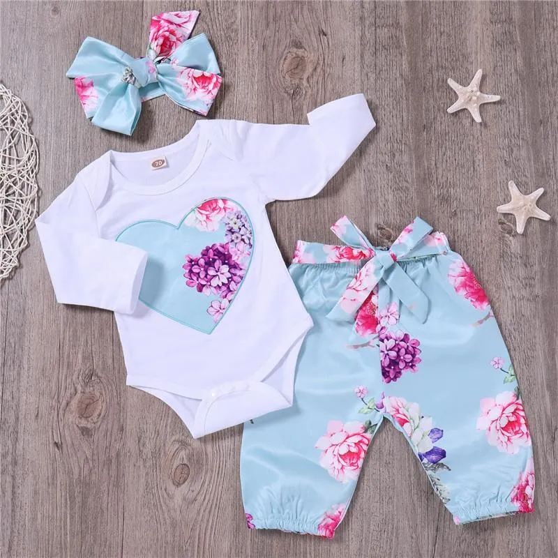 Pretty Floral Bodysuit and Pants and Headband Set