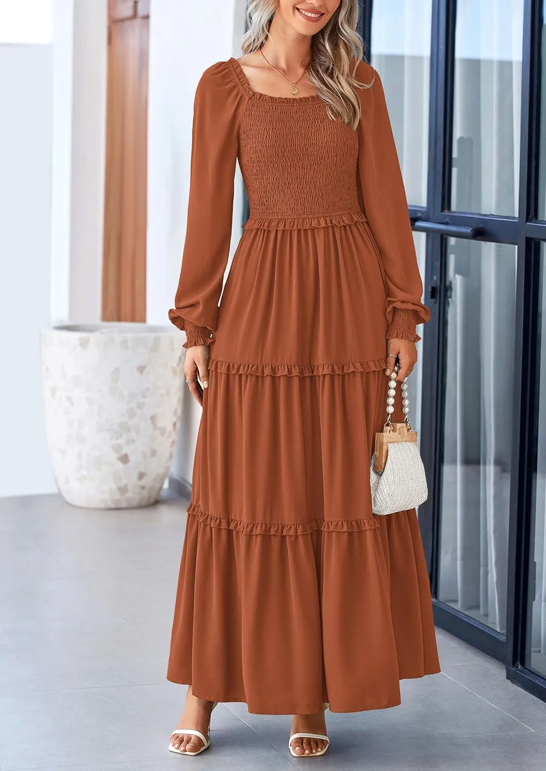 PRETTYGARDEN Women's Smocked Spring Maxi Dress Casual Fall Long Sleeve Square Neck Tiered A Line Flowy Dresses with Pockets