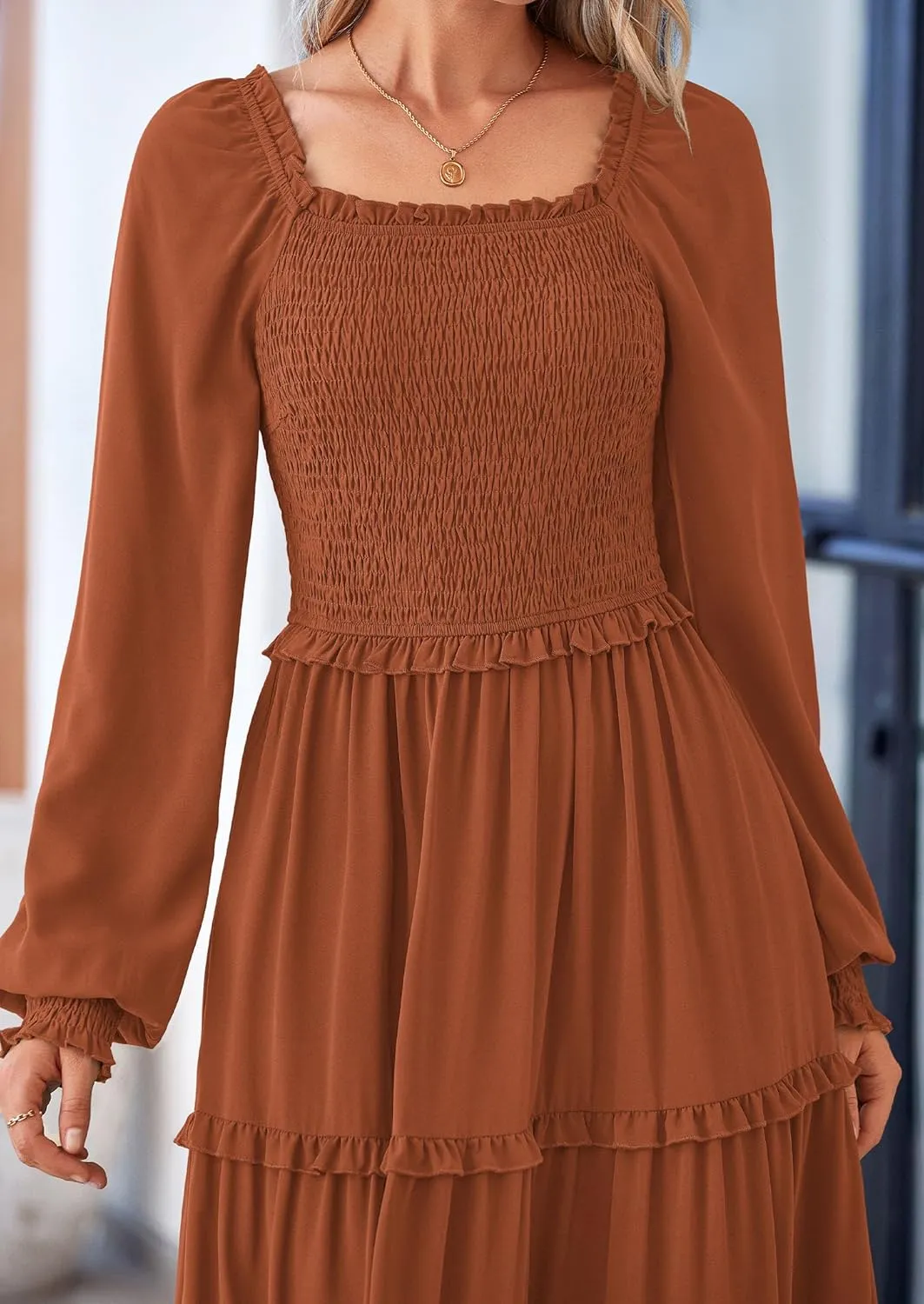 PRETTYGARDEN Women's Smocked Spring Maxi Dress Casual Fall Long Sleeve Square Neck Tiered A Line Flowy Dresses with Pockets