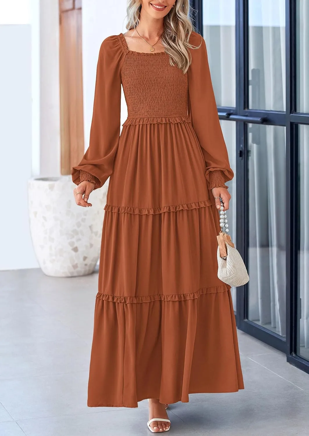 PRETTYGARDEN Women's Smocked Spring Maxi Dress Casual Fall Long Sleeve Square Neck Tiered A Line Flowy Dresses with Pockets