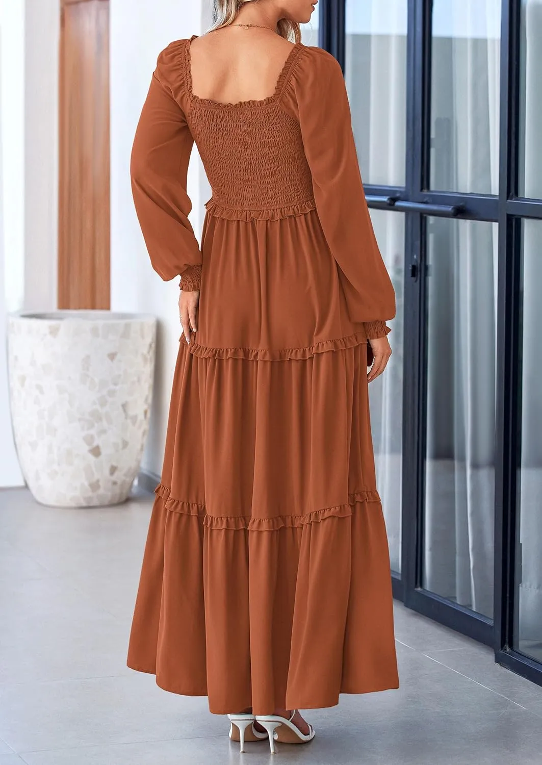 PRETTYGARDEN Women's Smocked Spring Maxi Dress Casual Fall Long Sleeve Square Neck Tiered A Line Flowy Dresses with Pockets