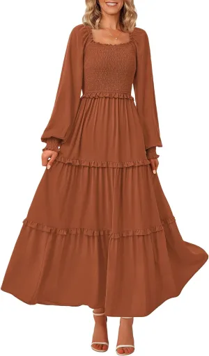 PRETTYGARDEN Women's Smocked Spring Maxi Dress Casual Fall Long Sleeve Square Neck Tiered A Line Flowy Dresses with Pockets