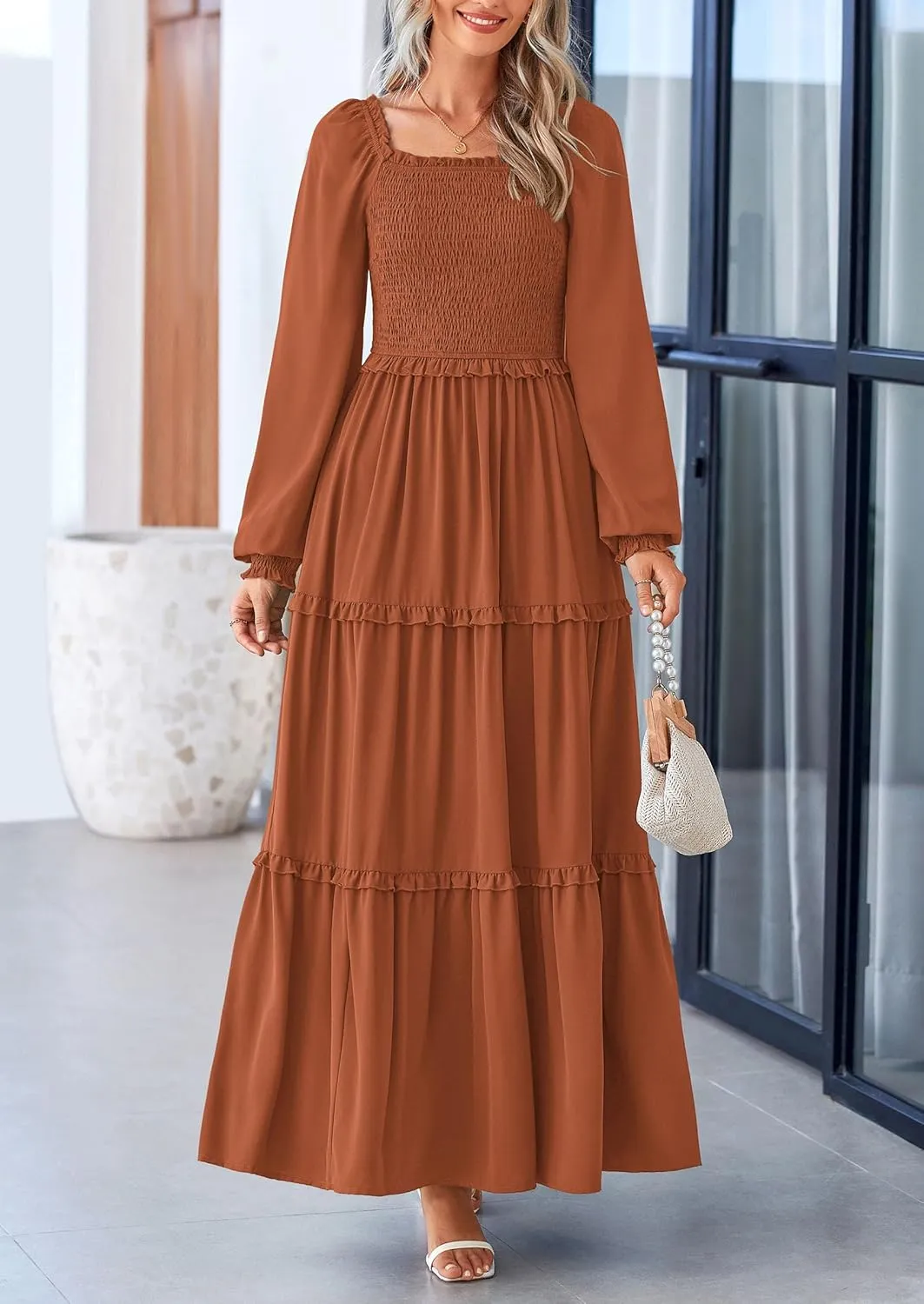 PRETTYGARDEN Women's Smocked Spring Maxi Dress Casual Fall Long Sleeve Square Neck Tiered A Line Flowy Dresses with Pockets