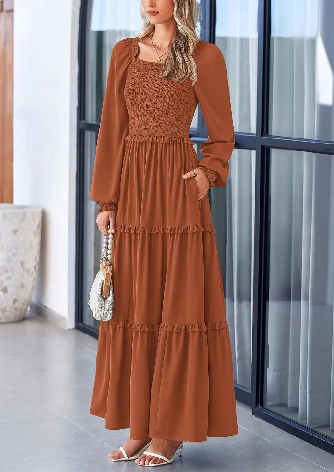 PRETTYGARDEN Women's Smocked Spring Maxi Dress Casual Fall Long Sleeve Square Neck Tiered A Line Flowy Dresses with Pockets