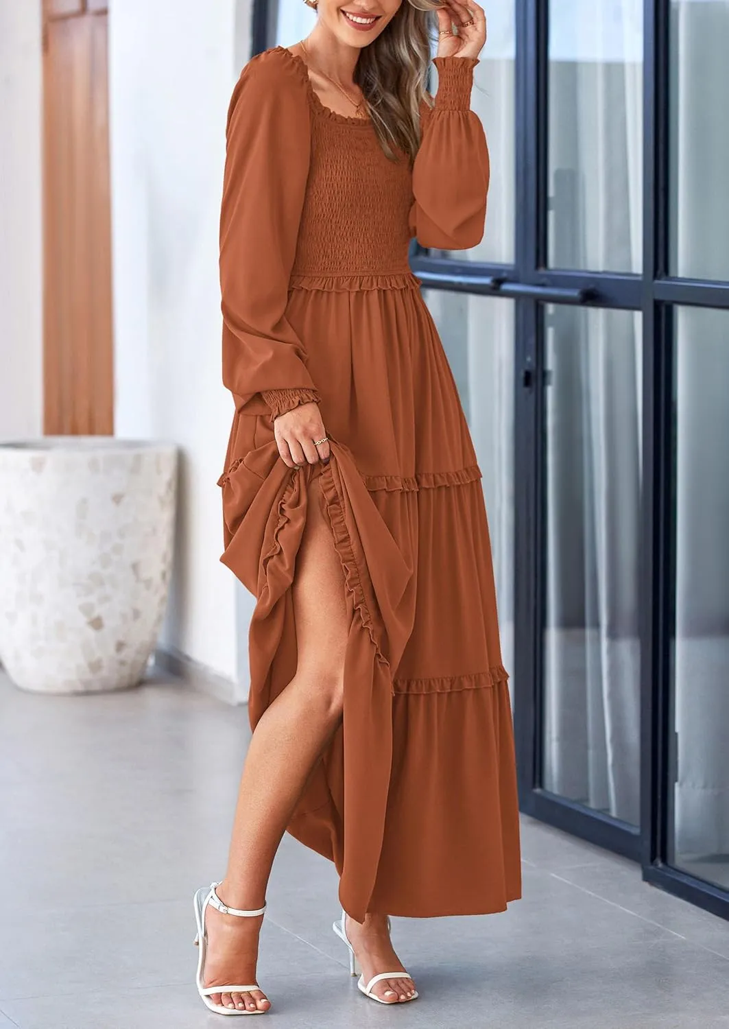 PRETTYGARDEN Women's Smocked Spring Maxi Dress Casual Fall Long Sleeve Square Neck Tiered A Line Flowy Dresses with Pockets