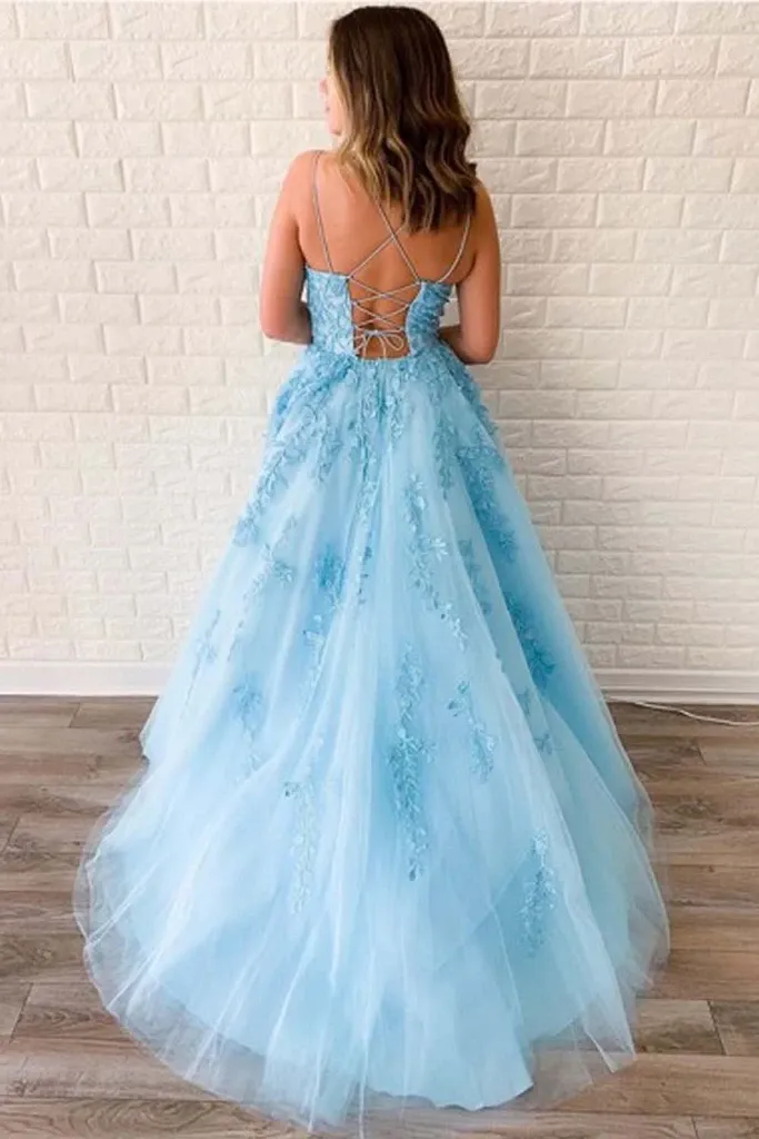 Promfast A-Line Round Neck Yellow Tulle Lace Prom Dresses Formal Dresses PFP1916